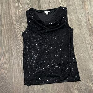 Cato Womens Sleeveless Sequin Tunic Blouse V-Neck Pullover Black Size Large